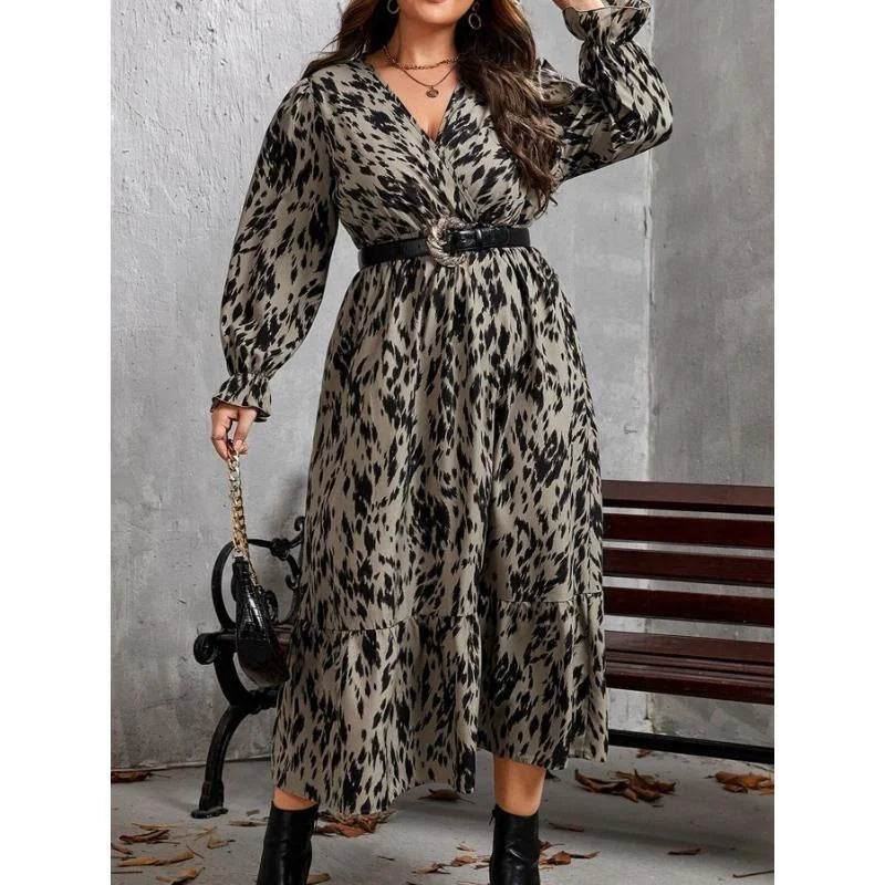 Leopard Print Fashion Lantern Sleeve Surplice Neck Midi Smock Dress