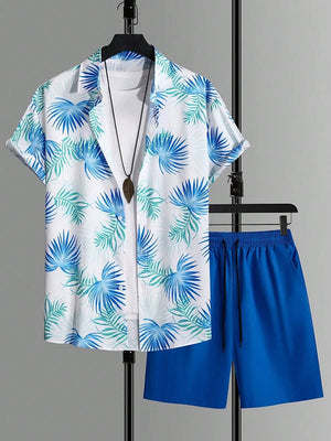 Hawaiian Coconut Tree Print Men's Shirt Summer Short Sleeve Tops Beach Shorts 2 Piece Sets Casual Vacation Style Outfit Clothing