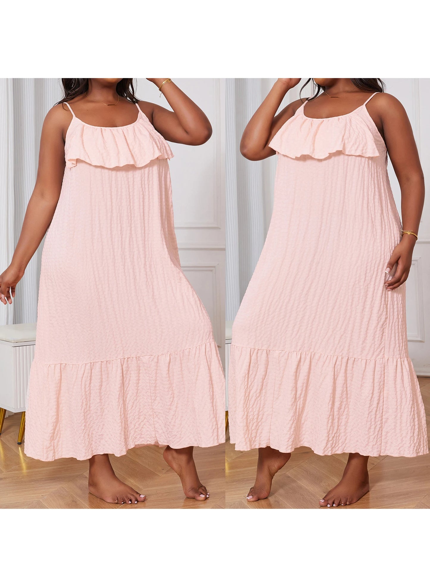 Round-Neck Ruffle Trim Sleeveless Spaghetti Strap