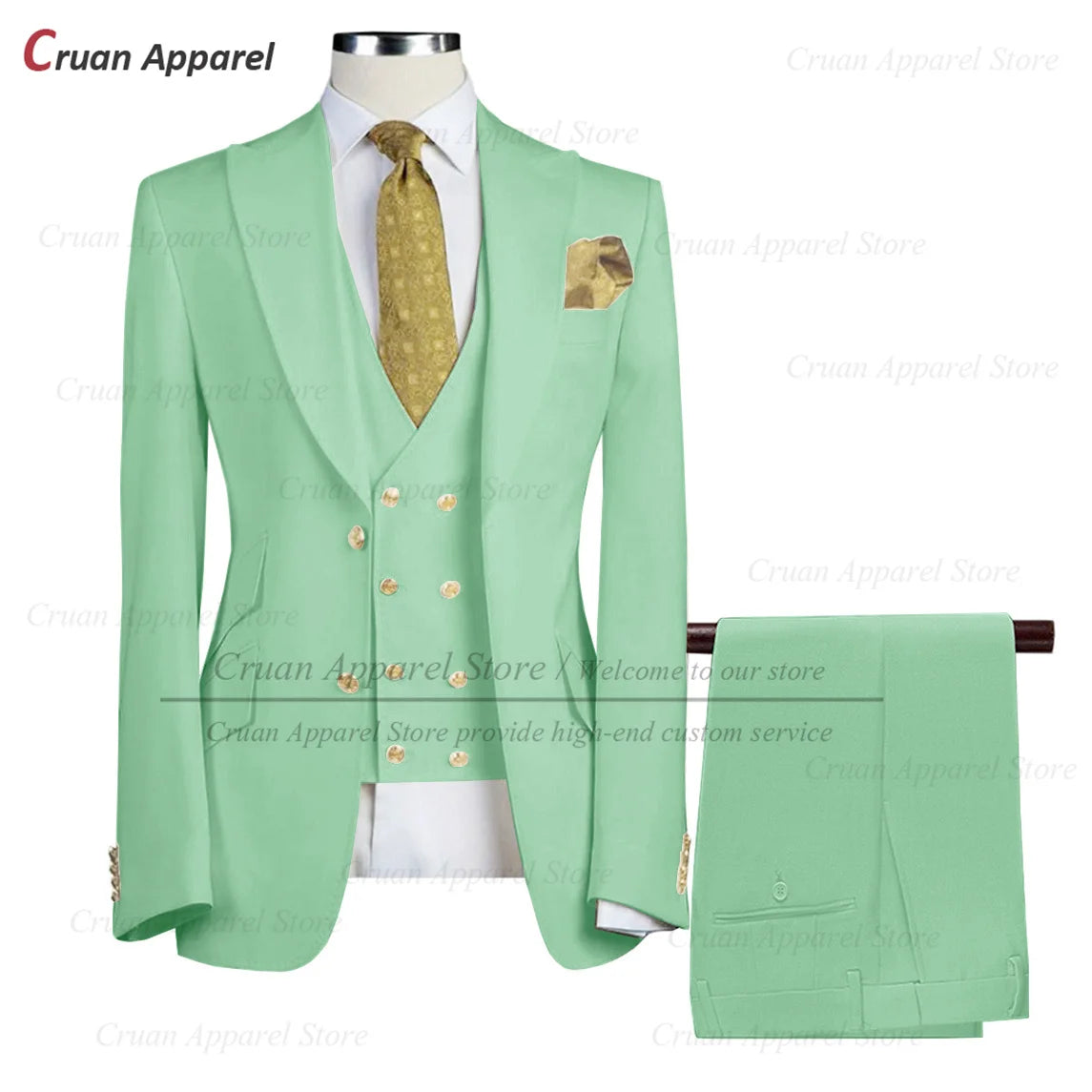 Tailor-made Brand Suits for Men Slim fit Prom Wedding Groom Tuxedo Set Party Gold Buttons Blazer Vest Pants 3 Pieces