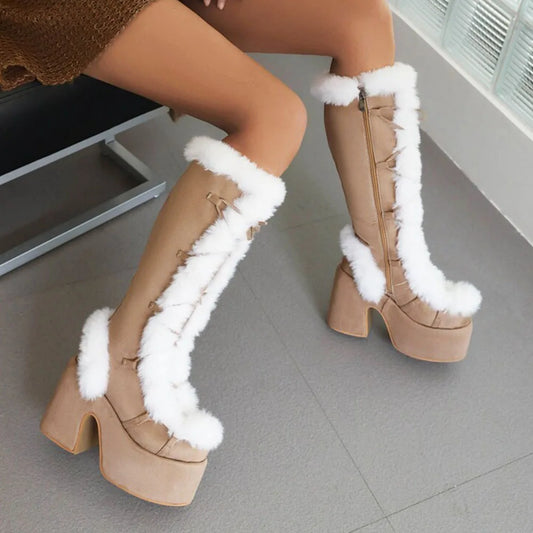 Fur Super Chunky High Heel Platform Mid-Calf Boots  Faux Suede Round Toe Side Zipper