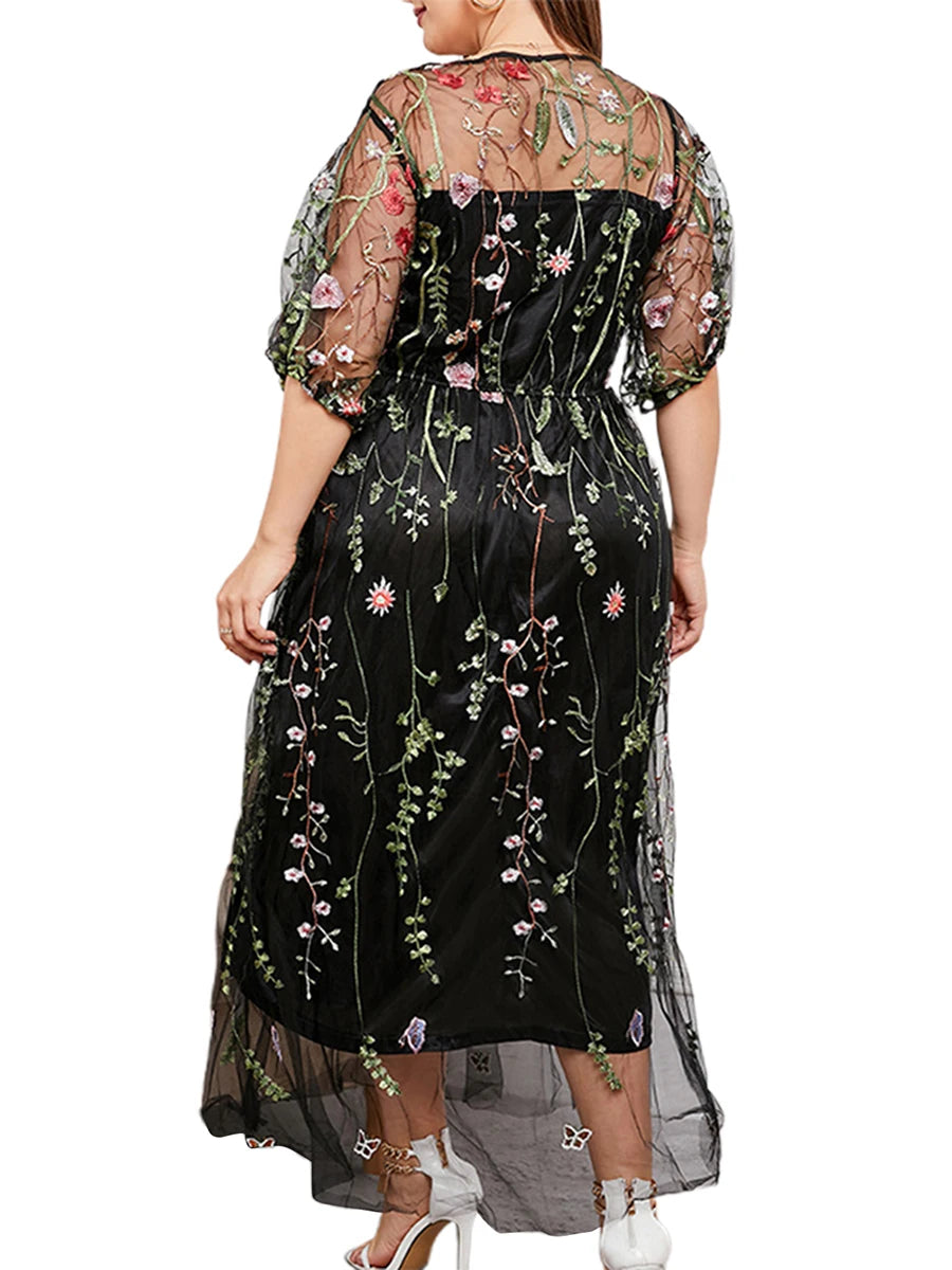 Women s Lace Maxi Dress Floral Embroidered Short Sleeve O Neck Plus Size Evening Party Elegant Gown