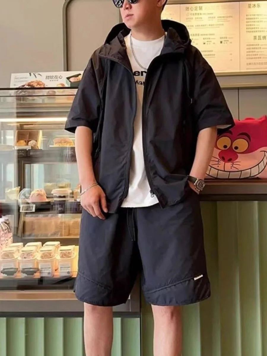 Summer Men Tracksuit Chic Hooded Quick Drying Set Short Sleeve Shorts Casual Zip Shirt  Loose Two Piece Set