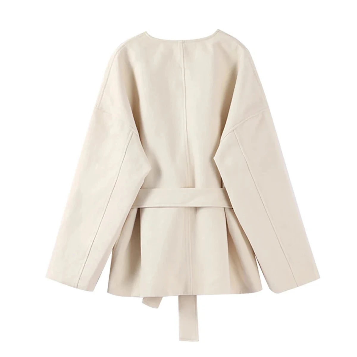 Fashion Solid  Fleece Coat Belt Elegant V-neck Long Sleeve Jacket