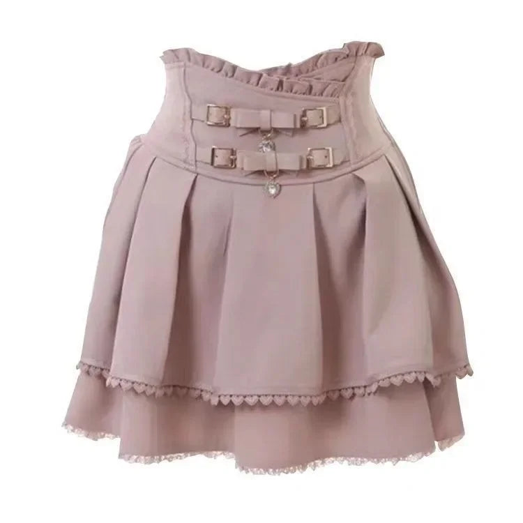 Ruched Double Bow Leather Buckle Slim Waist Skirt