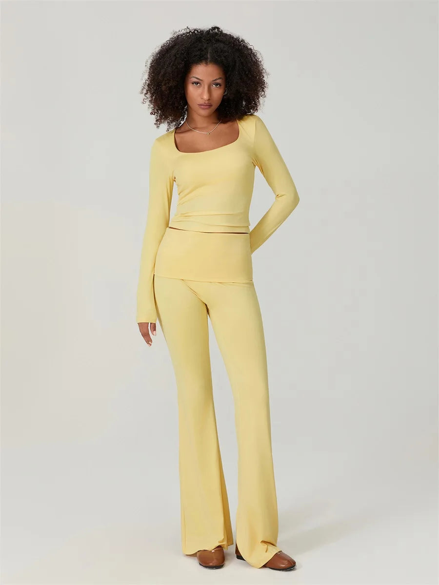 Elegant Women's Solid Color Two-Piece Set with Square Neck Long Sleeve Top and  Fit Long Pants for Stylish Loungewear