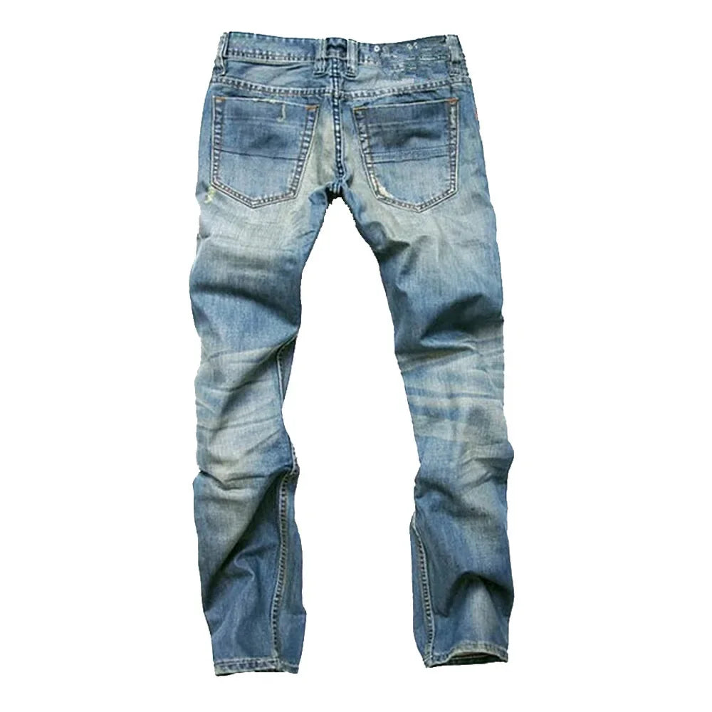 Vintage Straight-Leg Slim Fit  Jeans With Button Fly Casual Style Dark Blue Stretchy Comfortable Fit For All Seasons