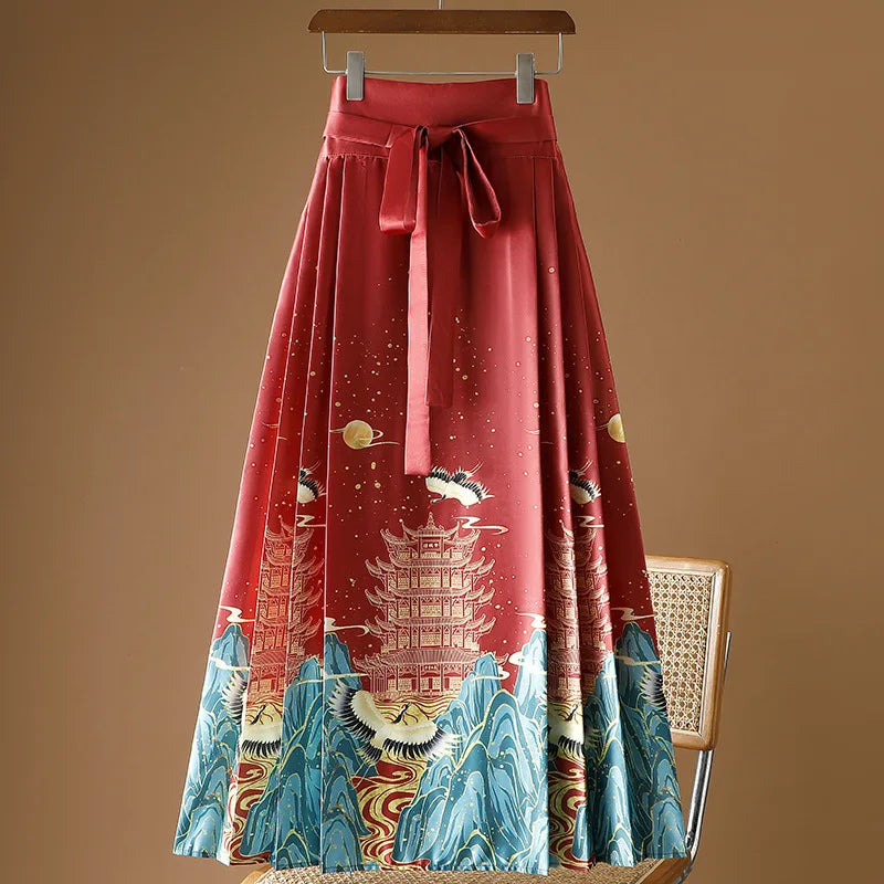 Vintage Maxi Chinese Style Horse Face Skirts  Pleated