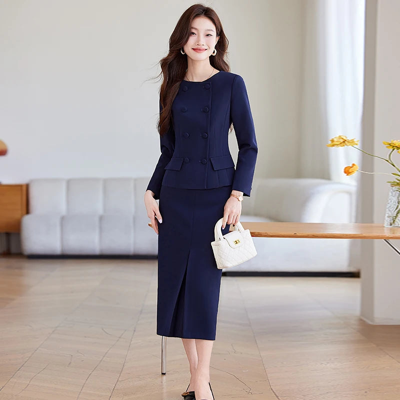 2 Piece Set Women's Double Breasted Blazer Elegant A Line Knee Length Slit Skirts OR Slacks Women's Work Wear