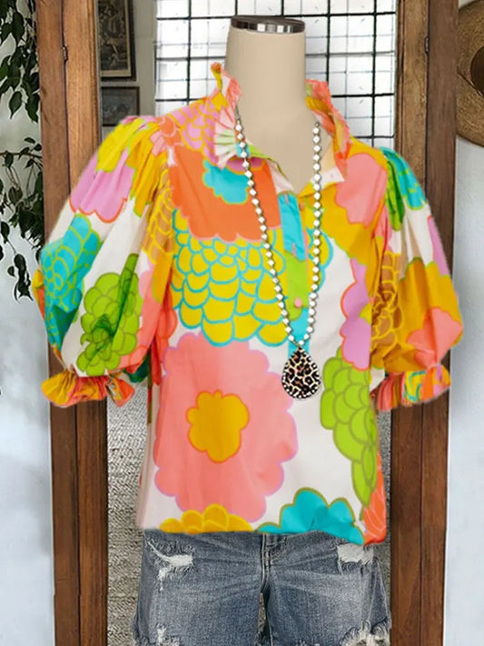 Floral Print Puff Sleeved Pleated Ruffled Collar Top