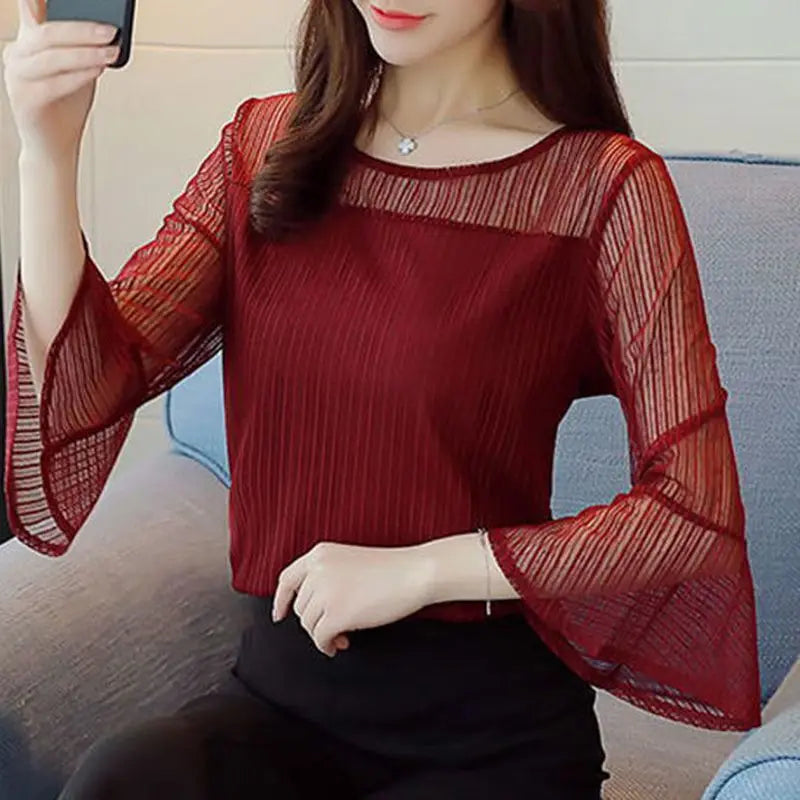 Elegant Solid Color Spliced Loose Flare Sleeve Blouse