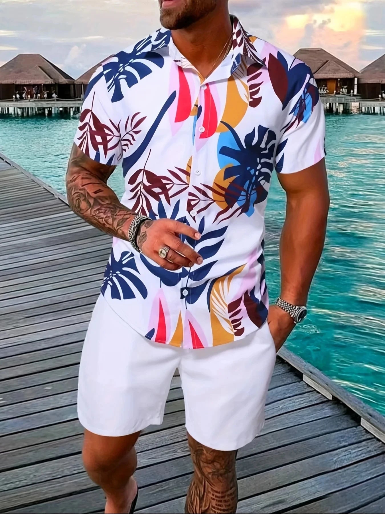 Men Sets Print Patchwork Lapel Short Sleeve Casual Shirt Beach Shorts Summer Streetwear Vacation Hawaiian Suits Men S-5XL