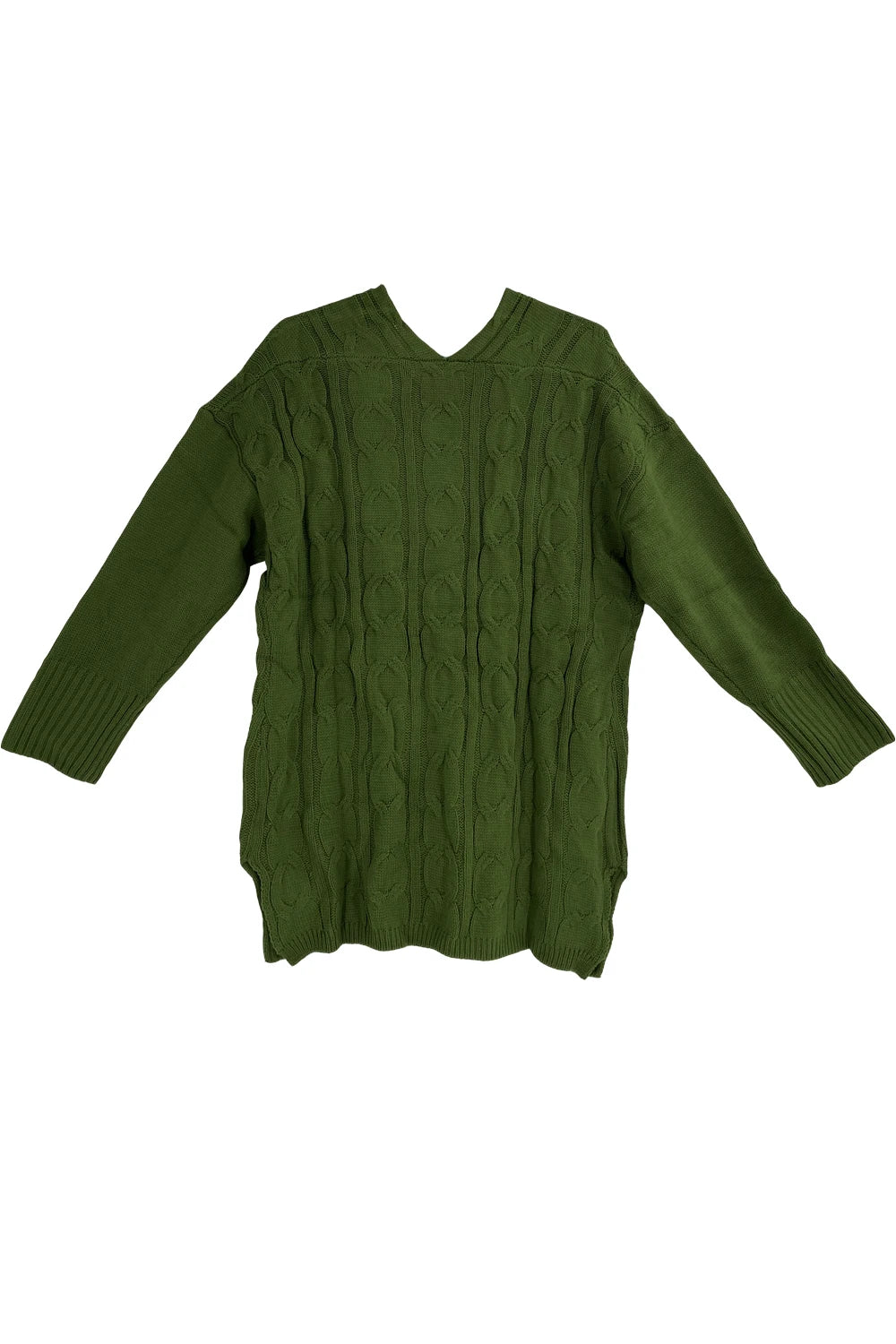 Plus Size Cable Knitted Pullover Sweater, Casual V Neck Long-Sleeved Slit Sweater