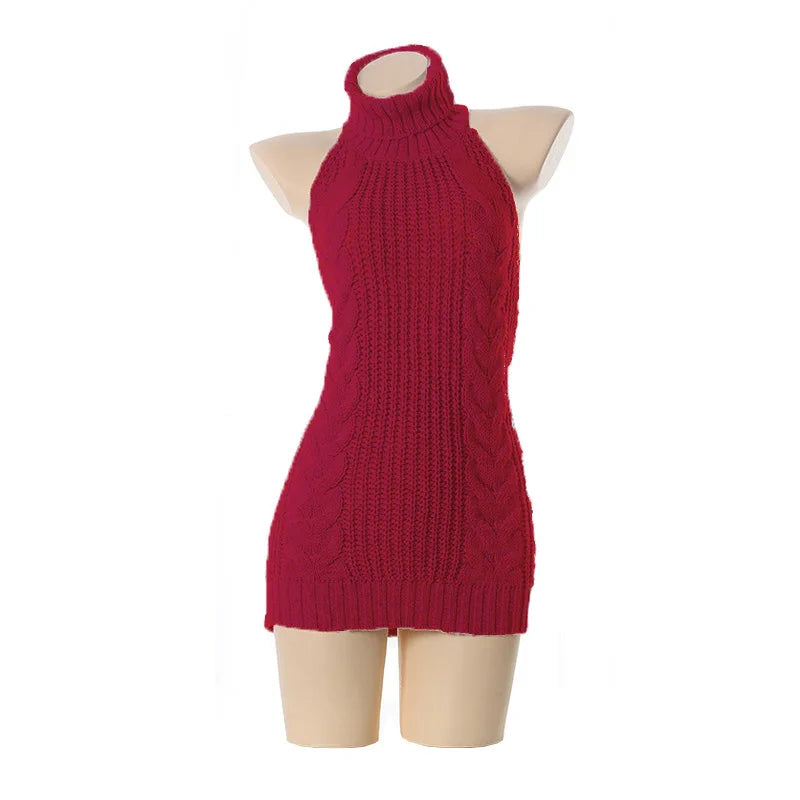 Fashion Backless Sleeveless Off Shoulder Knitted Pullover Sweaters Turtleneck Jumper
