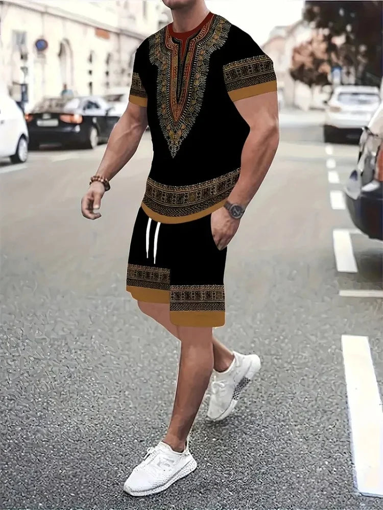 Hip Hop Style Personality Cartoon 3D Printed Men's Round Neck Short Sleeve 2 piece Fashionable Street Sports All-match Men's Suit