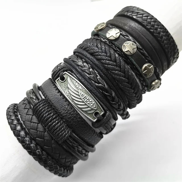 10 Pcs/set Black Wrap Woven New Fashion Handmade Men Bracelets Male Women Leather Bracelets Men Bangle