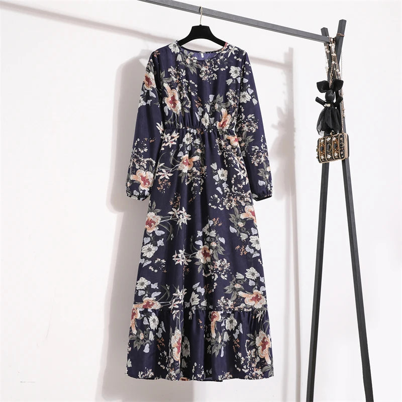 Spring Summer Women Maxi Dresses Casual Full Sleeve Floral Printed O-neck Woman Boho Beach Party Long Dress