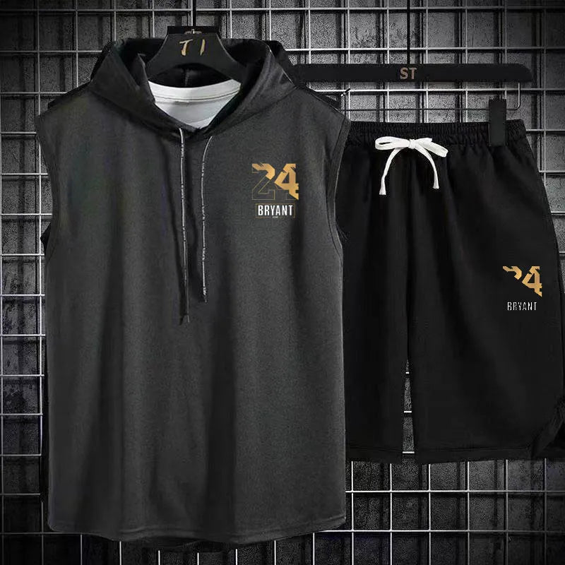 Men's Two Piece Set Casual Sleeveless T-Shirt and Shorts Set Men's Sports Suit Fashion Short Sleeve Tracksuit Hooded T-shirt suit