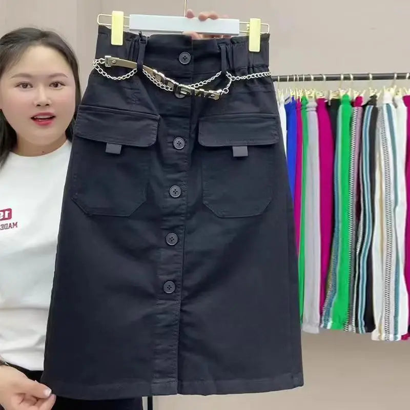 High Waist Slim Skirt Buttons A-line Casual