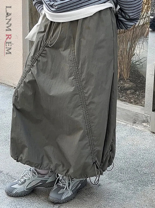 Elastic Waist Drawstring Army Green Color Loose A Line Skirt