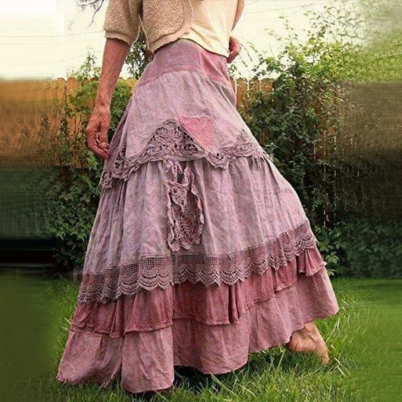 Vintage Ruffles  Maxi  Lace Long  Low Waist Prairie Chic Dropped Skirt