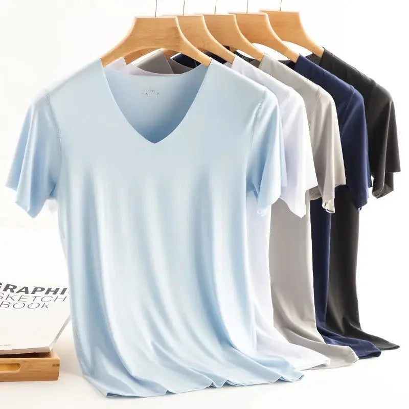 Men's Women's Sports Ice Silk Seamless Short Sleeves Gym Running Fitness Cycling T-Shirt Breathable Fit Solid Color V-neck