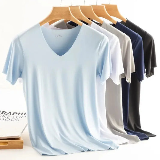 Men's Women's Sports Ice Silk Seamless Short Sleeves Gym Running Fitness Cycling T-Shirt Breathable Fit Solid Color V-neck