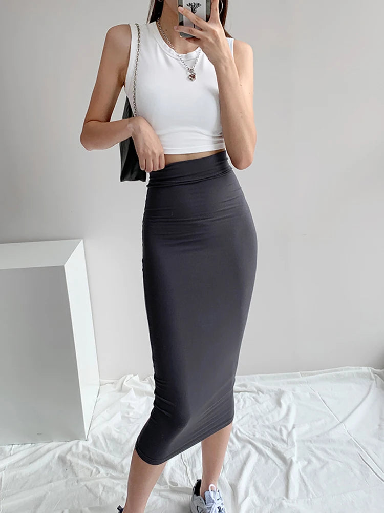 High Stretch Tight Skirt High Waist Midi Skirt