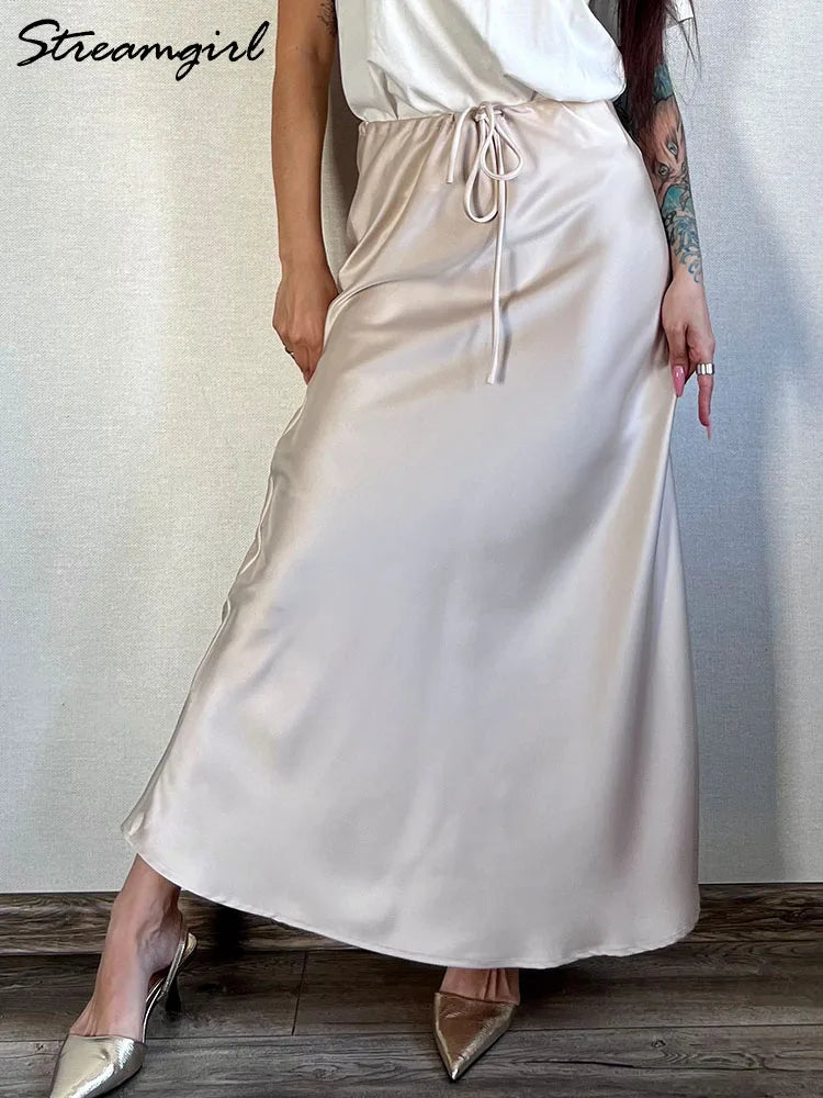 Long Satin Skirt  A Line Tie Up