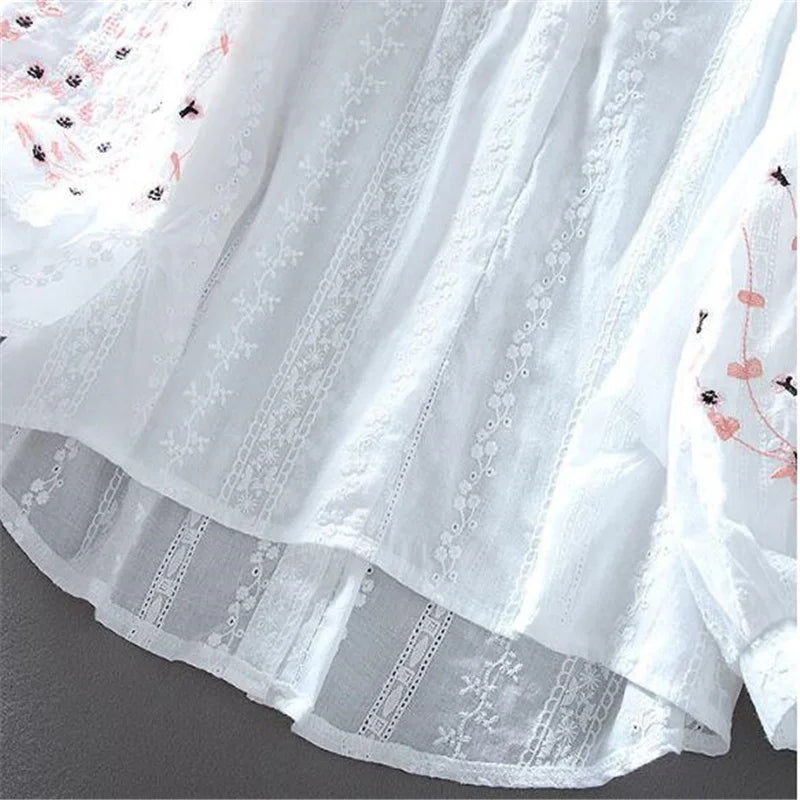 V-Neck Embroider Blouse  Lace Lantern Sleeves Cotton
