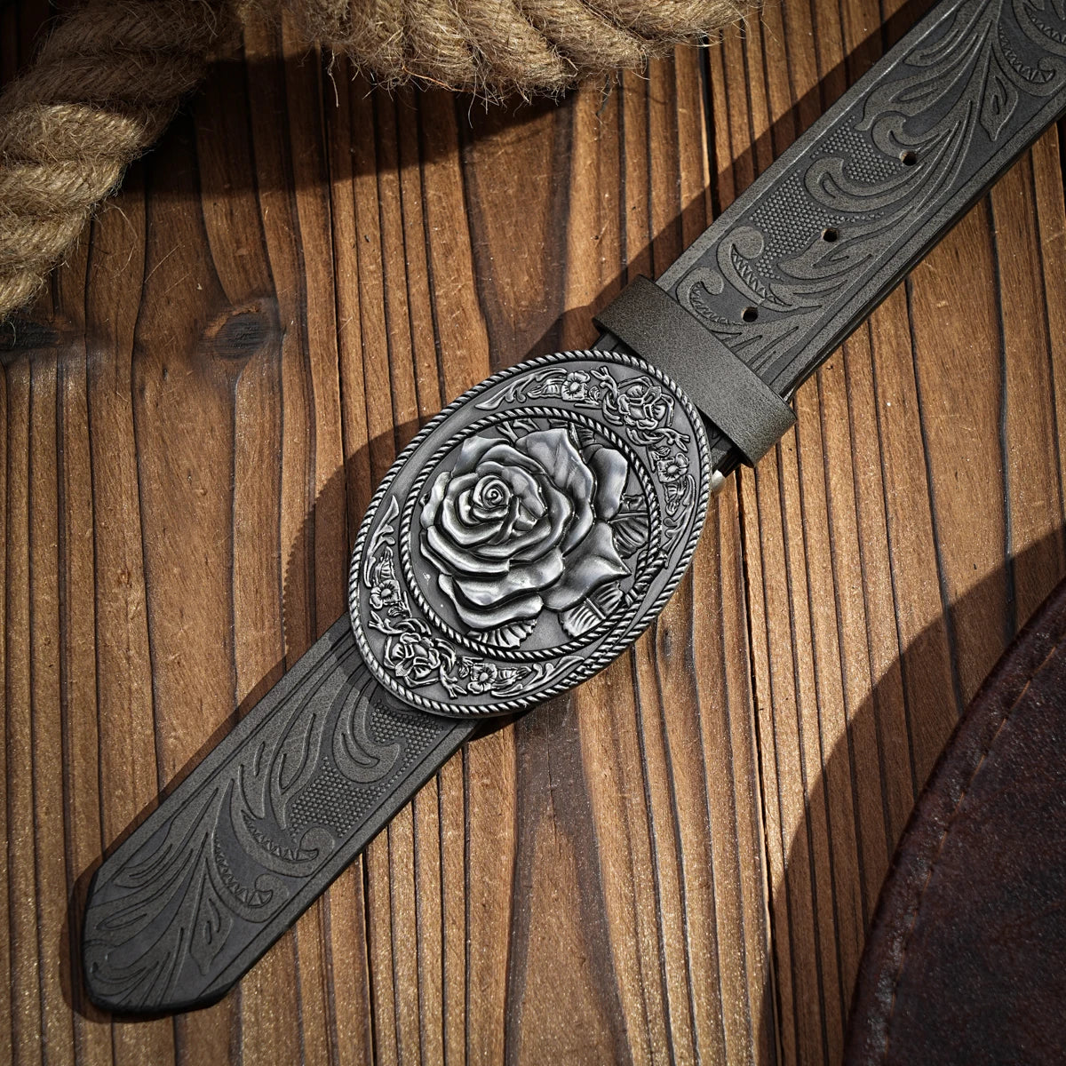Western denim PU Belt -Women's decorative printed carved denim waistband Rose