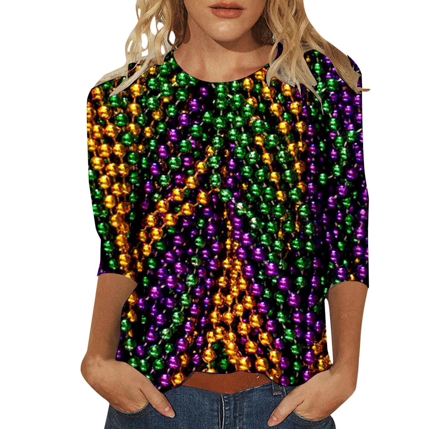 Carnival Printed Women Casual T-Shirts Spring Summer 3/4 Sleeve Round Neck Mardi Gras Clothing Plus Size Festival Party Tees Top