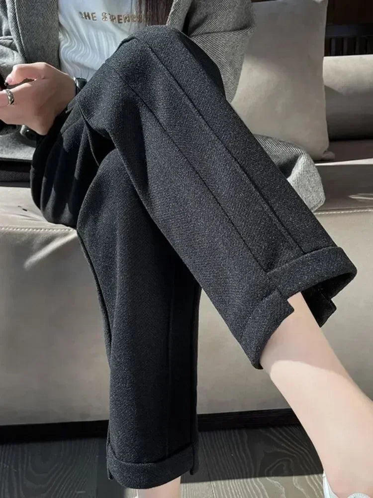 High-waisted Tweed Straight Pants Loose Casual Herringbone  Cropped Trousers