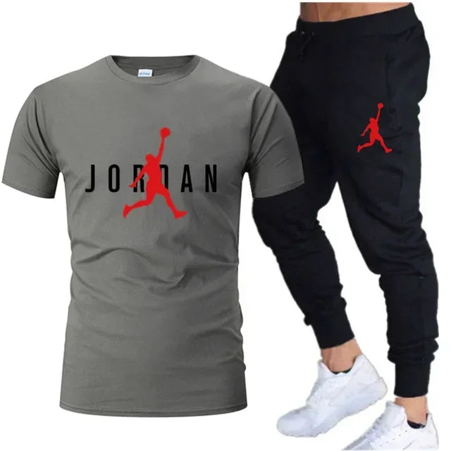 Summer Men's Tracksuit Suit Brand Short Sleeve T-Shirt + Trousers 2-Piece Sets Fitness Jogging Sports Pants Sportswear Suit