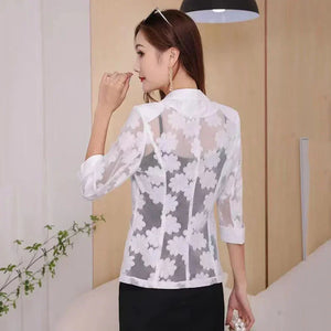 Women Blazer Jacket Thin Cardigan Sun Protection Clothing Hollow Lace Three-quarter Sleeve Suit Top Ladies
