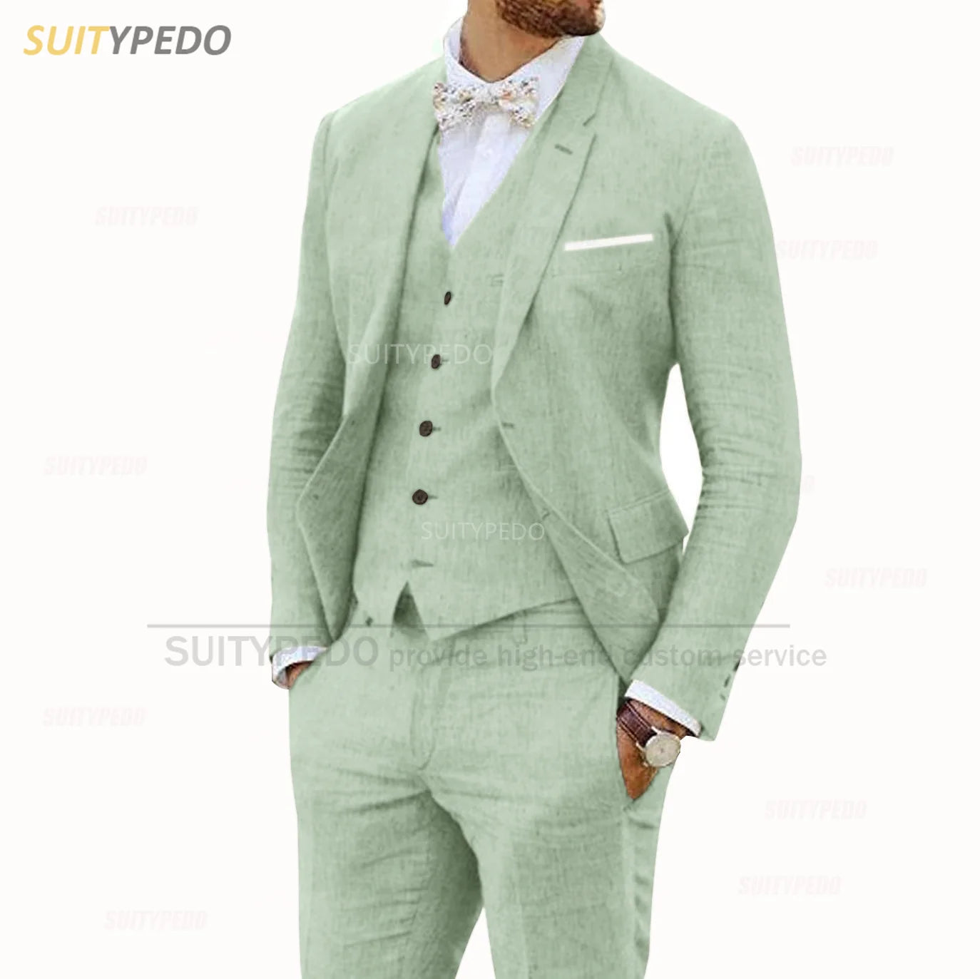 Linen Suits for Men 3 Pieces Casual Slim Fit Suit Blazer Vest Pants Set Formal Prom Wedding Tuxedos for Groomsmen Best Man