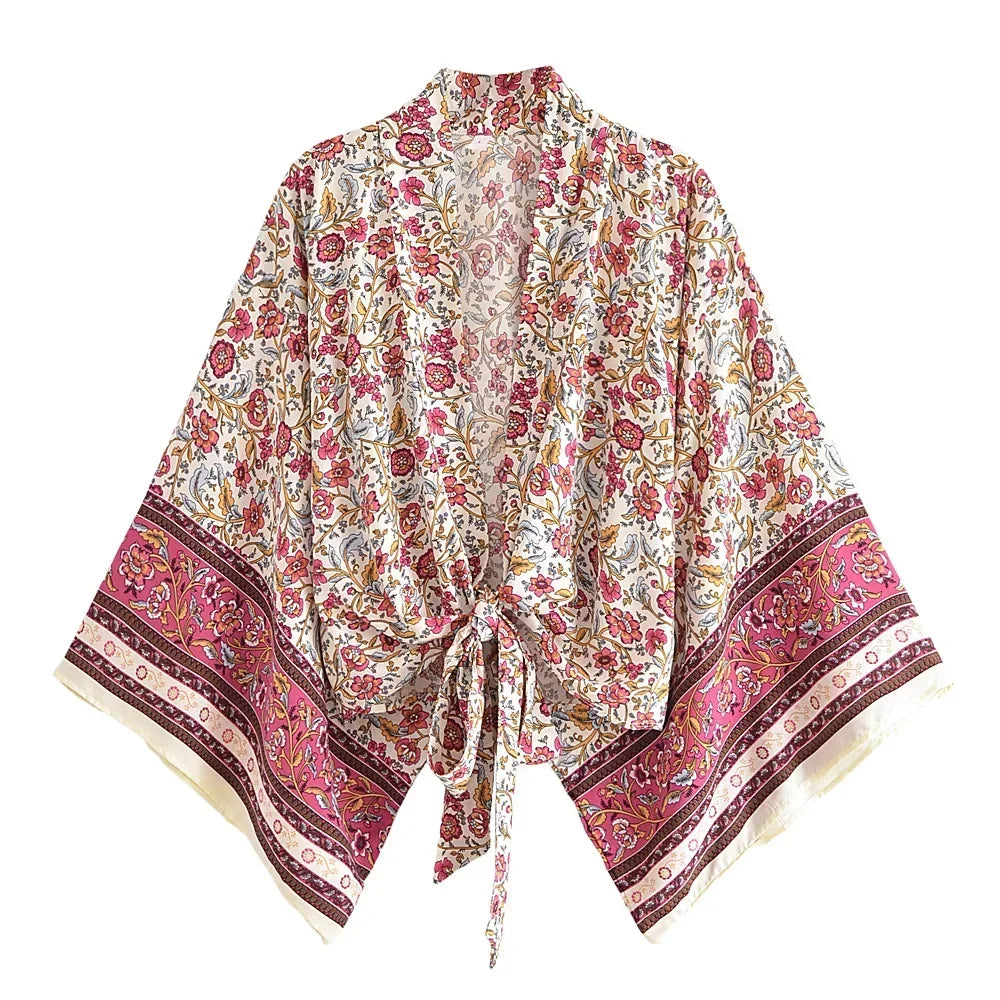 Hippie Queens Floral Print Sashes Short  Kimono Women Fashion V Neck Batwing Sleeves Lady Boho Bikini Cover-ups