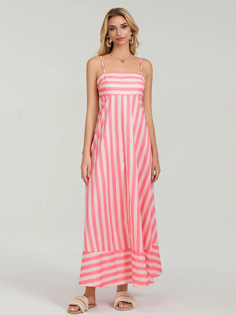 V-Neck Maxi Dress Boho Floral Print Sleeveless Flowy A-Line Beach Party Dress with Pockets