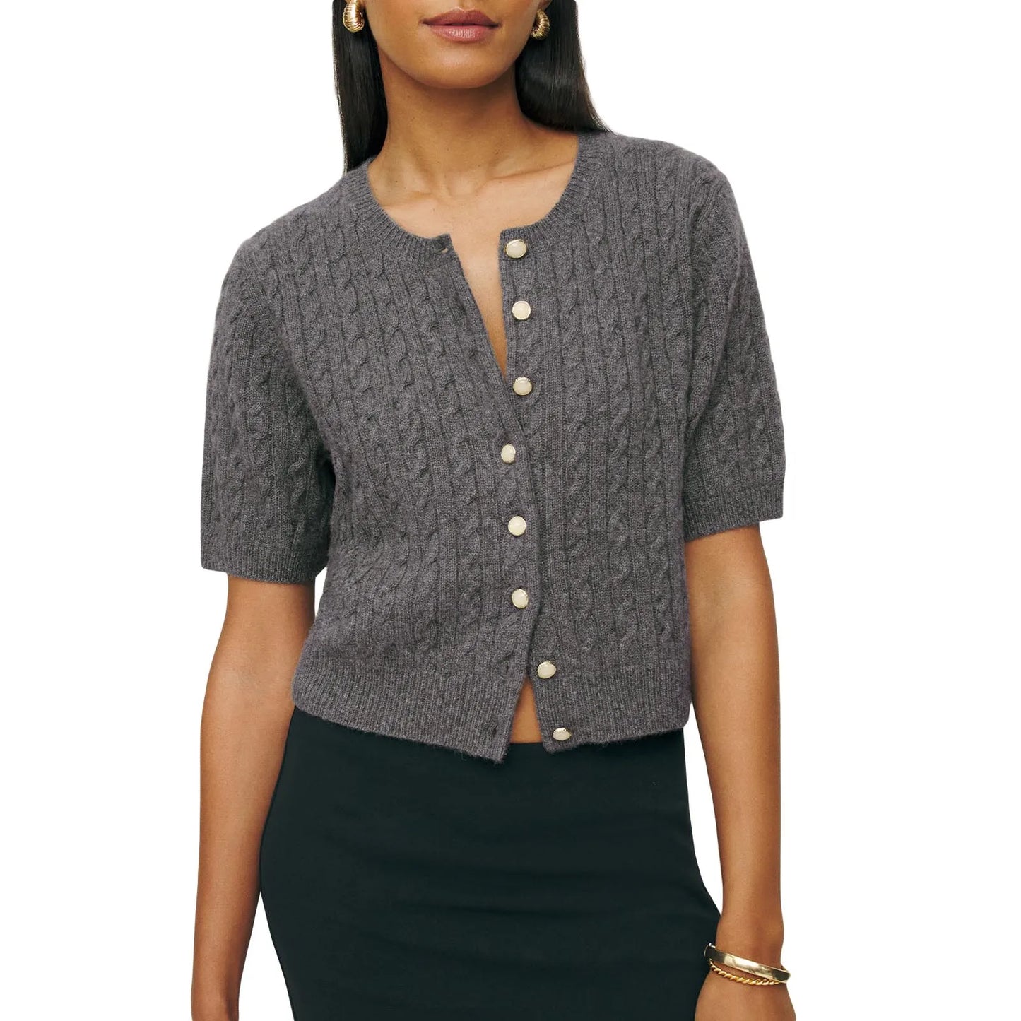 Elegant Women's Cashmere Cardigan with V-Neckline and Ribbed Trim Lightweight Button Down Short Sleeve Sweater