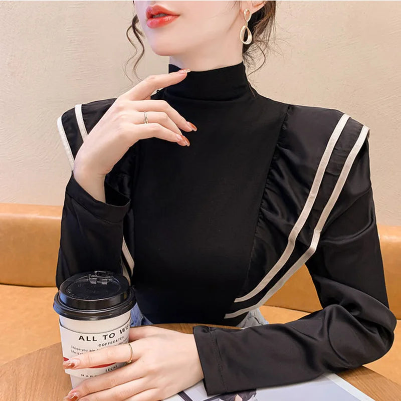 Stylish Turtleneck Spliced Folds Ruffles Blouse