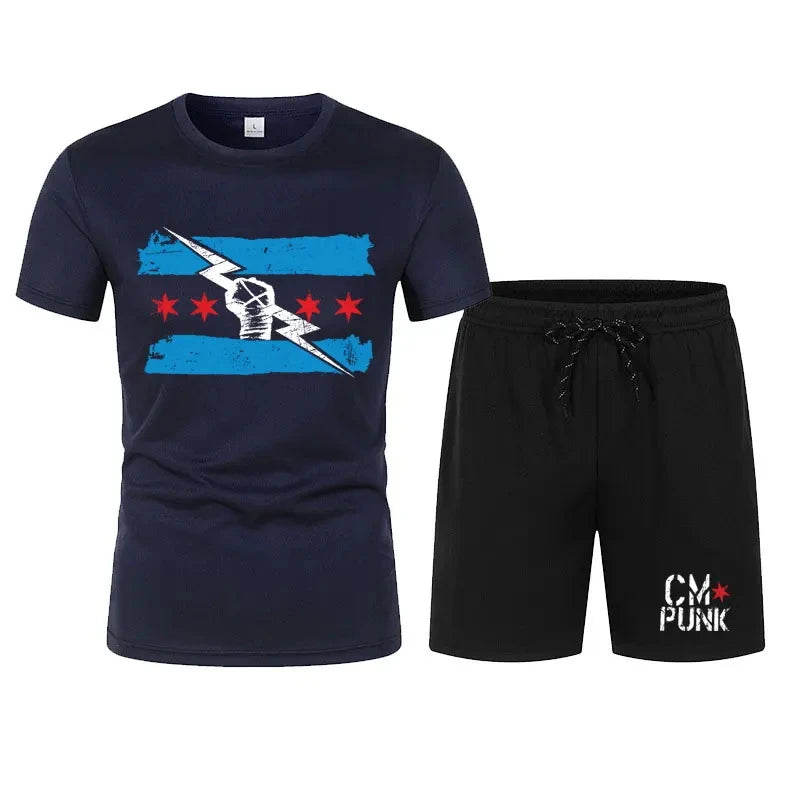 Men's black CM return punk T-shirt shorts suit summer short-sleeved men fashion comfortable loose clothing suit