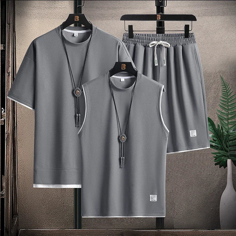 Waffle Pattern 3 Piece Men Short Sleeve Shorts Set  Fashion Loose Sweatsuits Summer Tracksuit Men Fashion Clothing