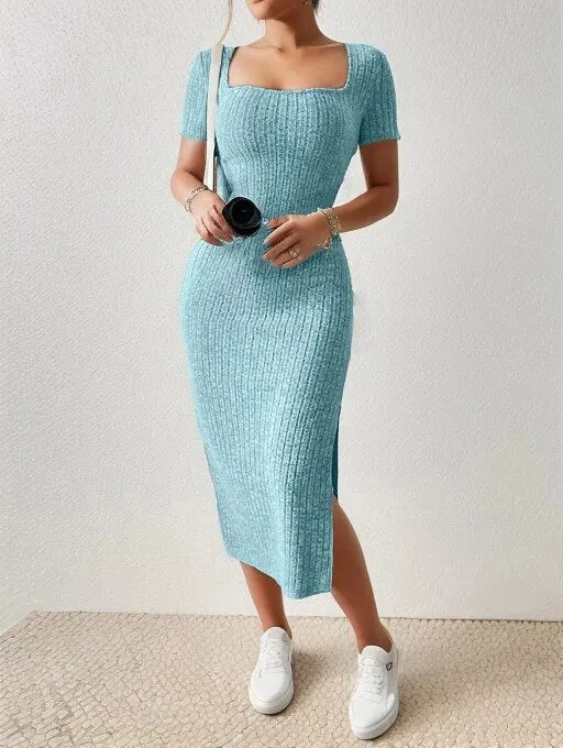 Summer Square Neck, Hip-Hugging Mid-Length Skirt, Short-Sleeved, Rib Knit Versatile Knitted Slit Dress