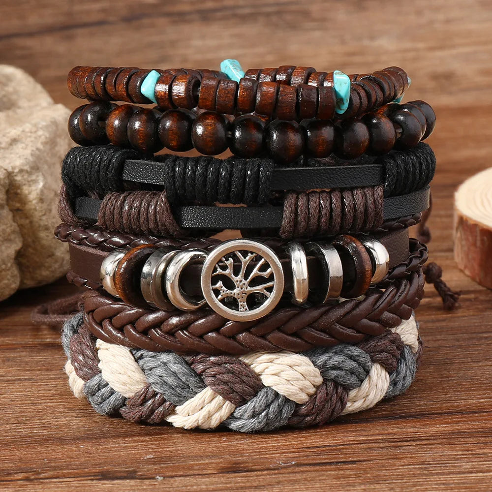 Casual Bead 6 Pc/set Tree Black Khaki Handmade Men Bracelets Male Women Leather Bracelets Men Bangle