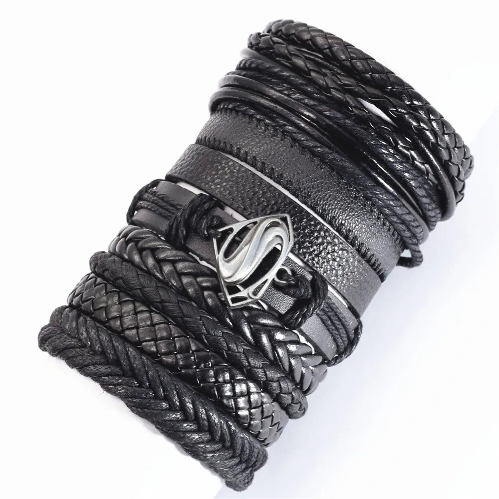 10 Pcs/set Black Wrap Woven New Fashion Handmade Men Bracelets Male Women Leather Bracelets Men Bangle
