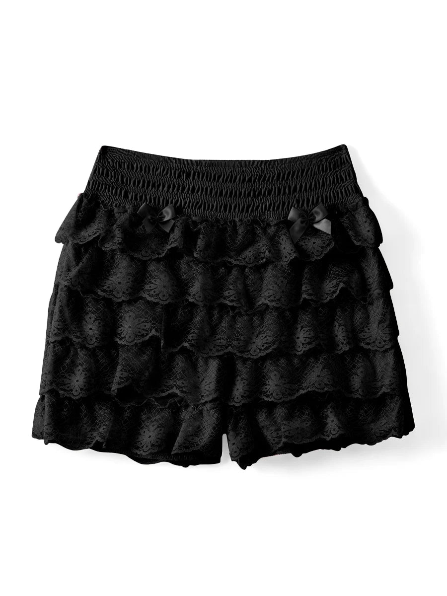 Lace Lingerie Shorts with Elastic Waistband and Tiered Ruffled Design for Bodycon Fit and Style