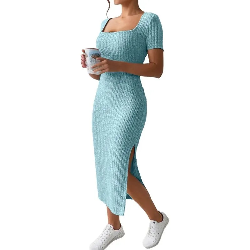 Summer Square Neck, Hip-Hugging Mid-Length Skirt, Short-Sleeved, Rib Knit Versatile Knitted Slit Dress