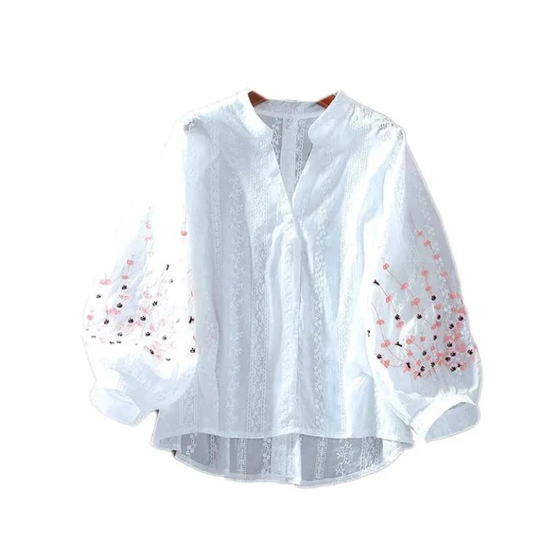 V-Neck Embroider Blouse  Lace Lantern Sleeves Cotton