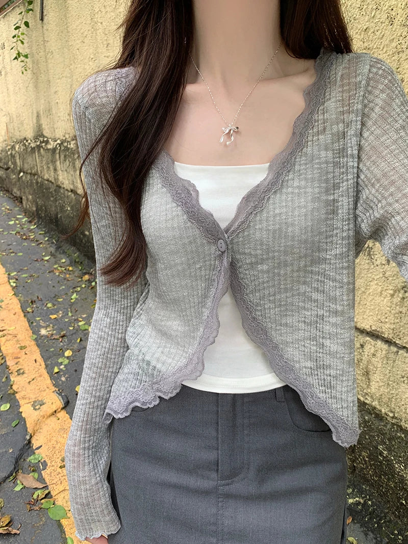 Lace Trim One Button Long Sleeve Crop Top Women Short Sleeve Open Front Ribbed Knit Cardigan Sweater Summer