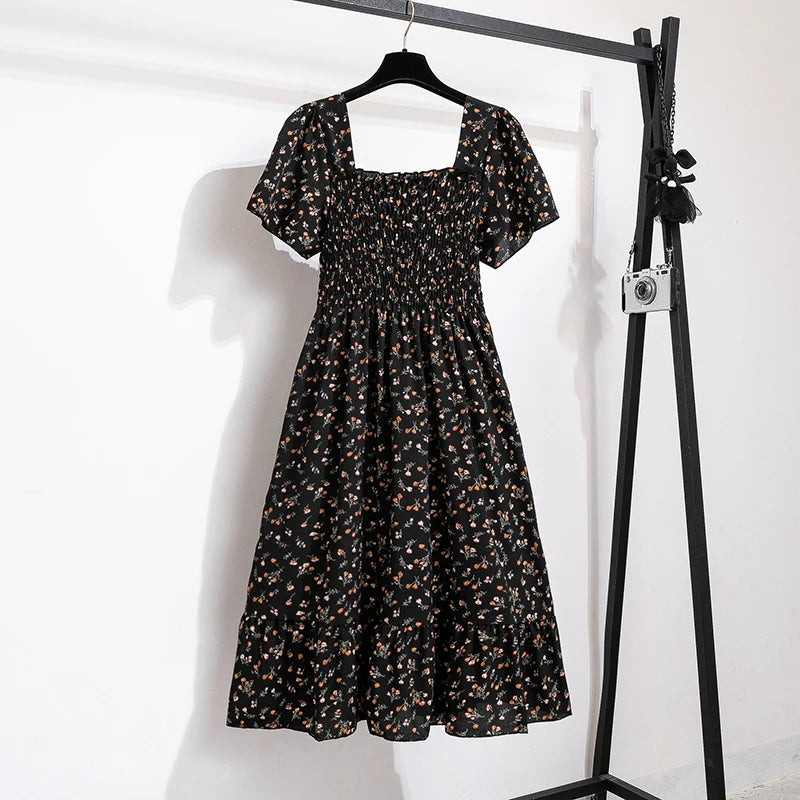 Spring Summer Chiffon Dress Women Midi Dresses Female Short Sleeve Elastic Waist Printed Floral Pleated  Casual Dress